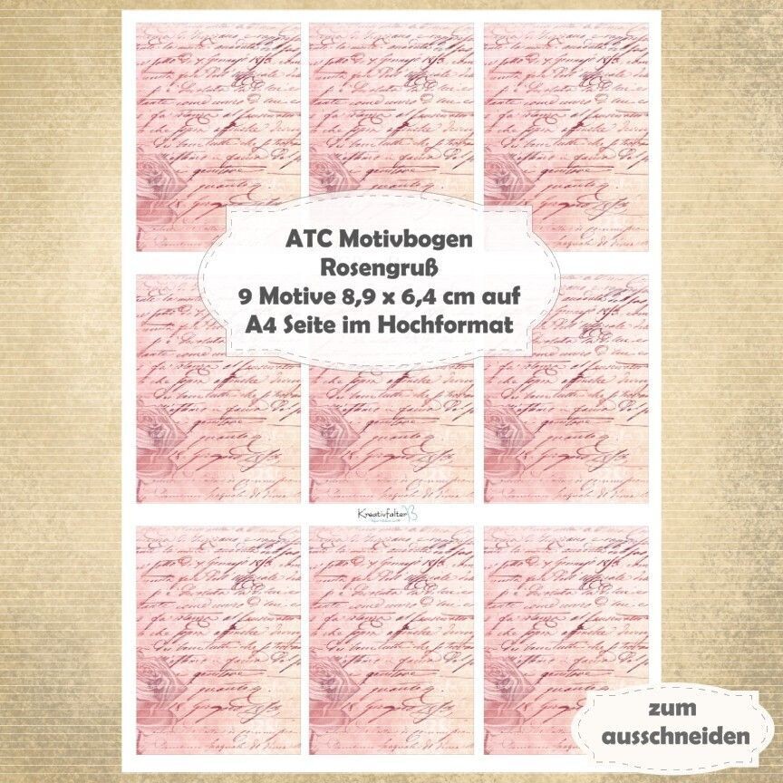 Rosengruß - ATC Motivbogen - A4 Hochformat - 1 Seite mit 9 Motiven