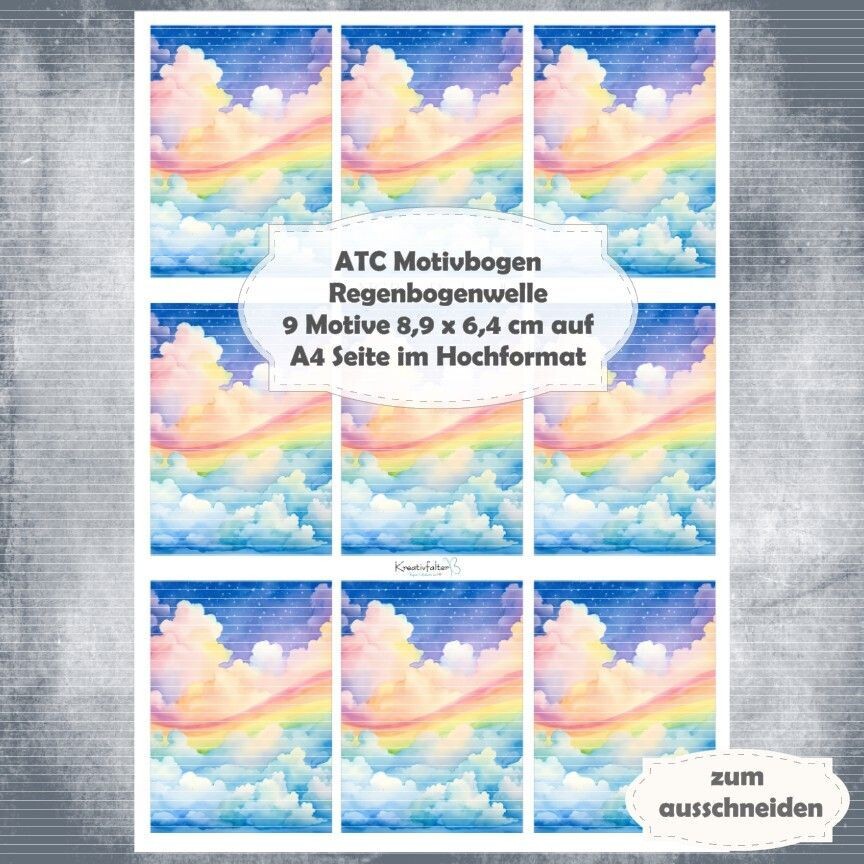 Regenbogenwelle - ATC Motivbogen - A4 Hochformat - 1 Seite mit 9 Motiven