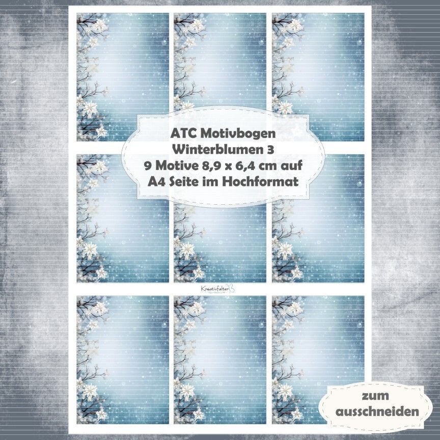 Winterblumen 3 - ATC Motivbogen - A4 Hochformat - 1 Seite mit 9 Motiven