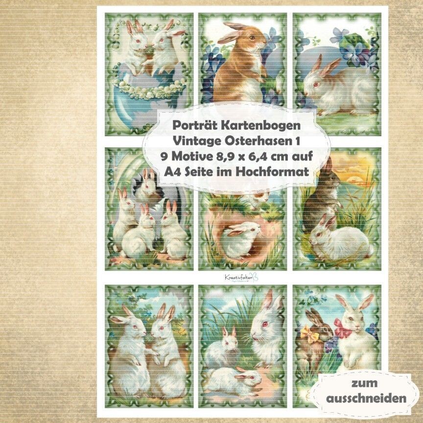 Vintage Osterhasen 1 - Porträt Kartenbogen - A4 Hochformat - 1 Seite mit 9 Motiven