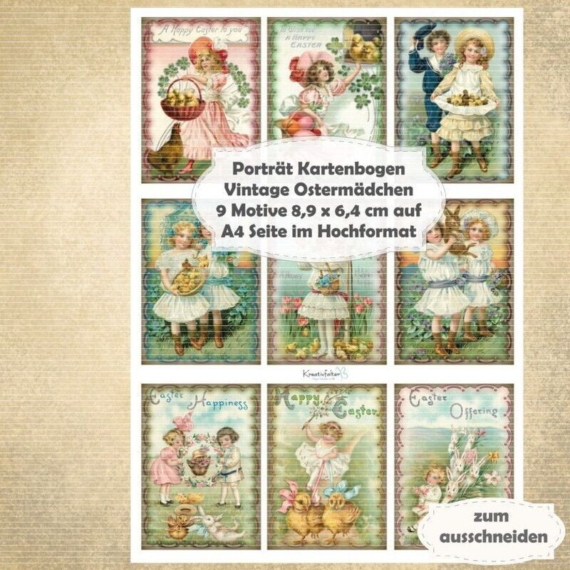 Vintage Ostermädchen - Porträt Kartenbogen - A4 Hochformat - 1 Seite mit 9 Motiven