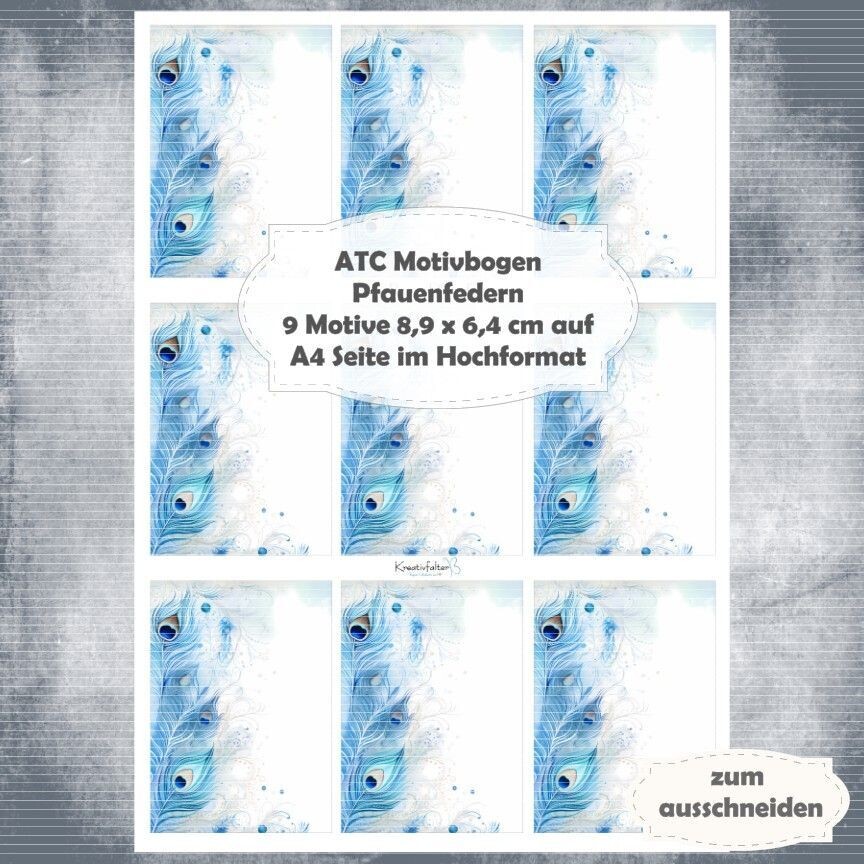 Pfauenfeder - ATC Motivbogen - A4 Hochformat - 1 Seite mit 9 Motiven*