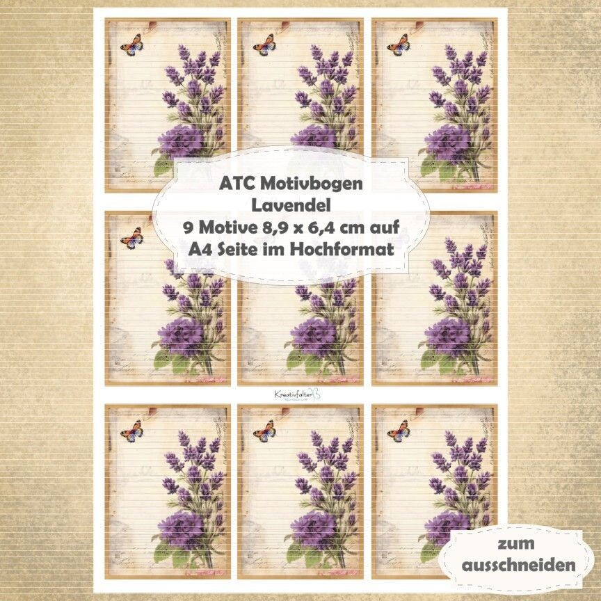 Lavendel - ATC Motivbogen - A4 Hochformat - 1 Seite mit 9 Motiven