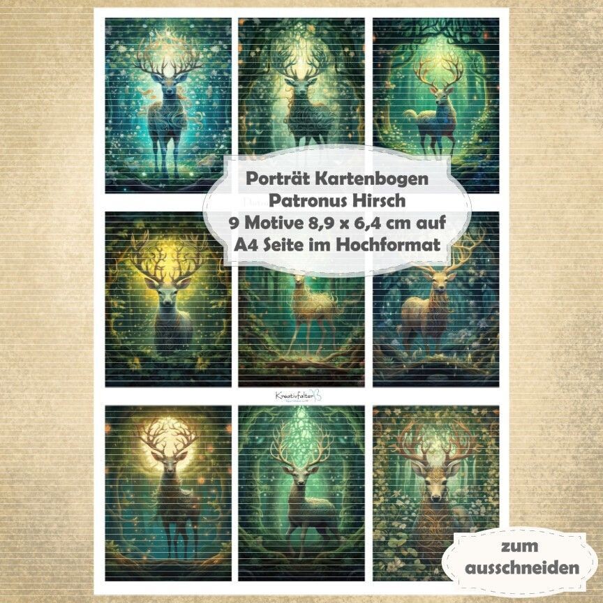 Patronus Hirsch - Porträt Kartenbogen - A4 Hochformat - 1 Seite mit 9 Motiven
