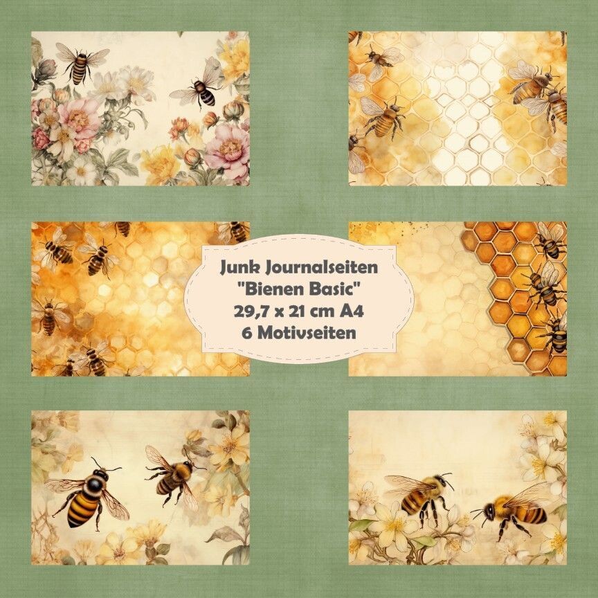 Bienen Basic - Junk Journal Seiten - A4 quer - 6 Seiten