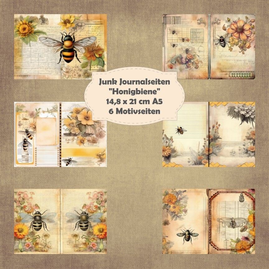 Honigbiene - Junk Journal Seiten - A5 quer - 6 Seiten