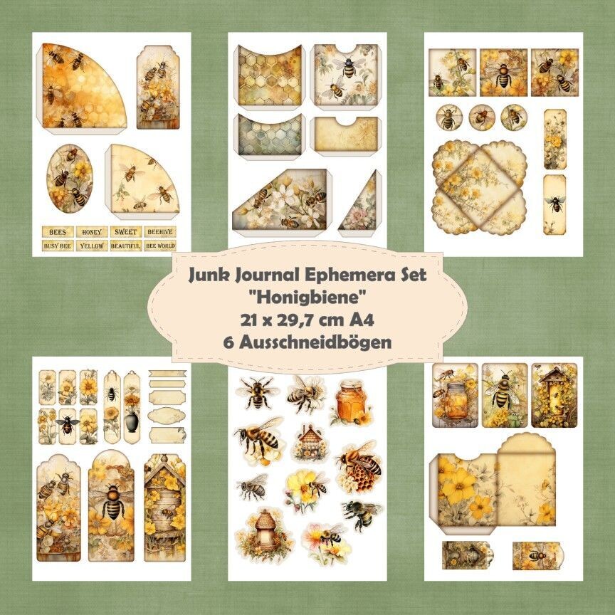 Honigbiene Ephemera Set - Ausschneidebögen - Junk Journal -  6 Seiten