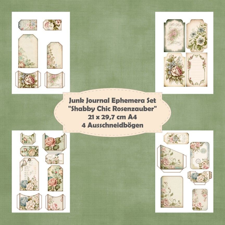 Shabby Chick Rosenzauber Ephemera Set - Ausschneidebögen - Junk Journal -  4 Seiten*