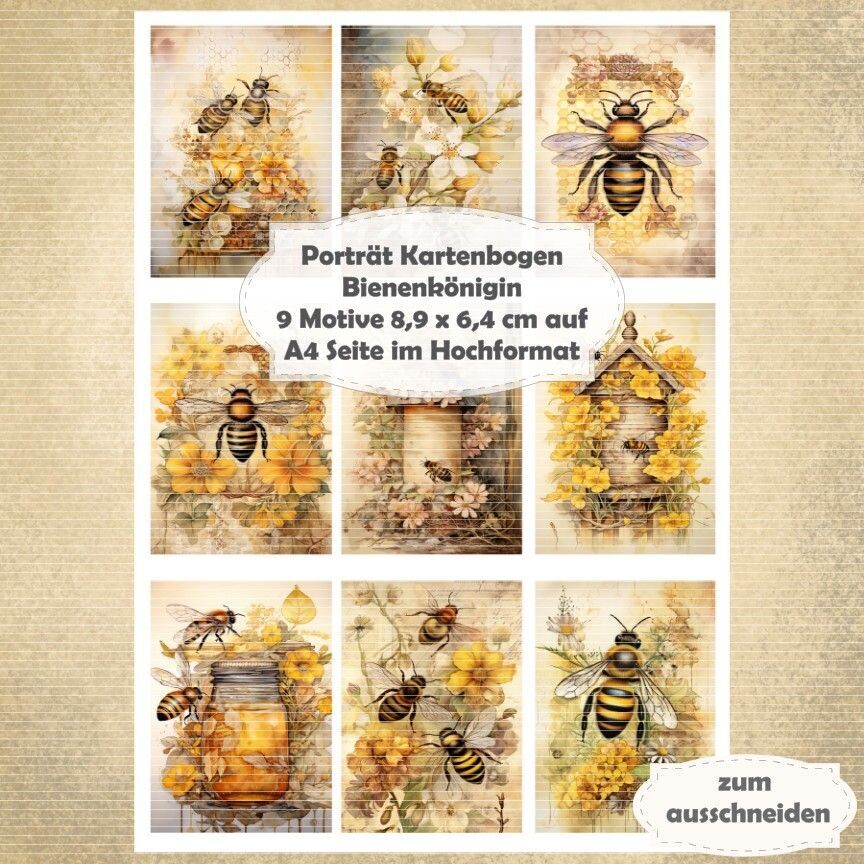Bienenkönigin - Porträt Kartenbogen - A4 Hochformat - 1 Seite mit 9 Motiven