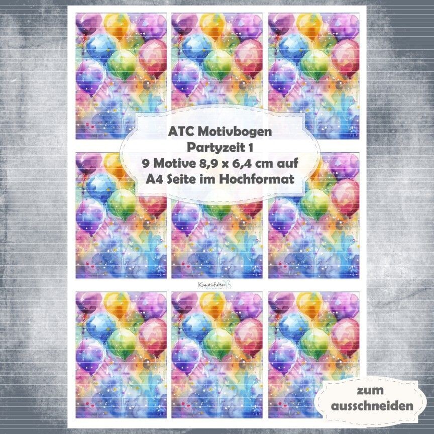 Partyzeit 1 - ATC Motivbogen - A4 Hochformat - 1 Seite mit 9 Motiven