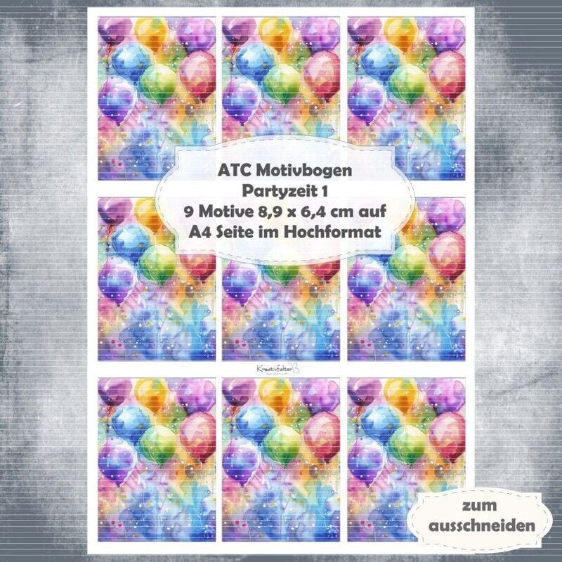 Partyzeit 1 - ATC Motivbogen - A4 Hochformat - 1 Seite mit 9 Motiven Partyzeit 1 - ATC Motivbogen - A4 Hochformat - 1 Seite mit 9 Motiven