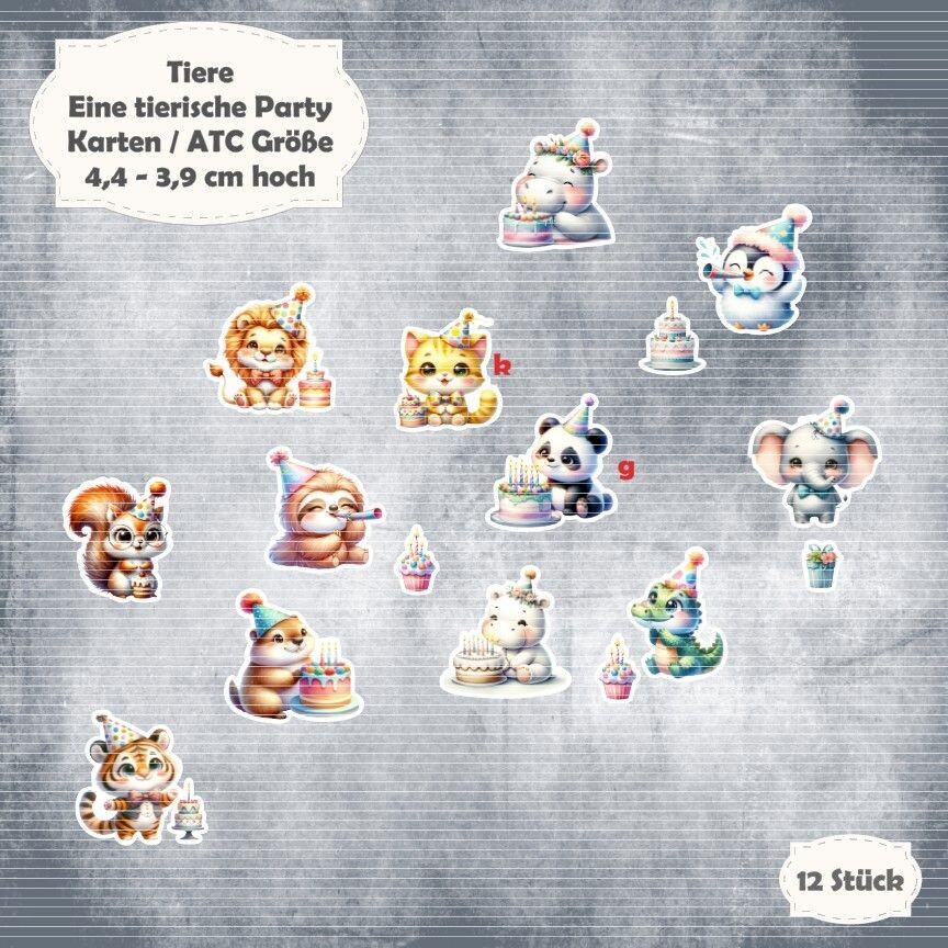 Eine tierische Party - Tier Mix - Karten / ATC Größe - 12 Stanzteile - Die Cut