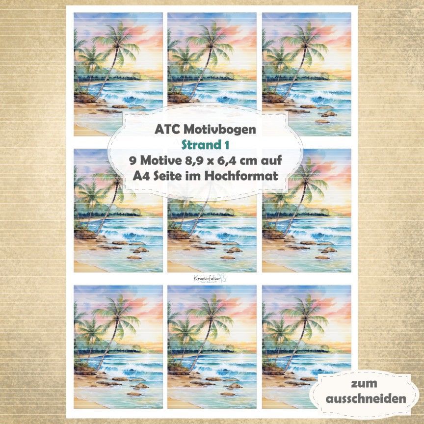 Strand 1 - ATC Motivbogen - A4 Hochformat - 1 Seite mit 9 Motiven*