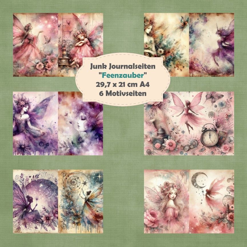 Feenzauber - Junk Journal Seiten - A4 quer - 6 Seiten