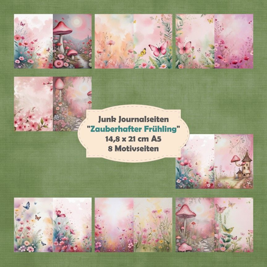 Zauberhafter Frühling - Junk Journal Seiten - A5 quer - 8 Seiten