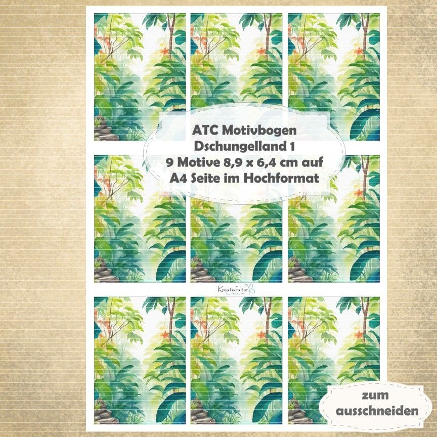 Dschungelland 1 - ATC Motivbogen - A4 Hochformat - 1 Seite mit 9 Motiven