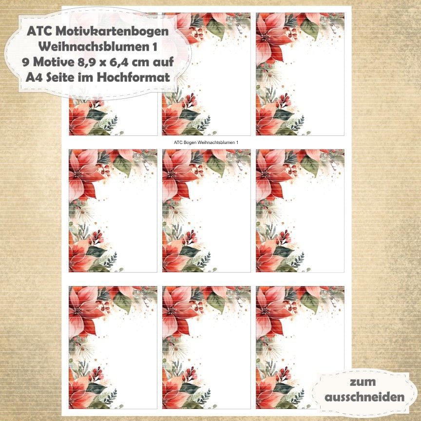 Weihnachtsblumen 1 - ATC Motivbogen - A4 Hochformat - 1 Seite mit 9 Motiven*
