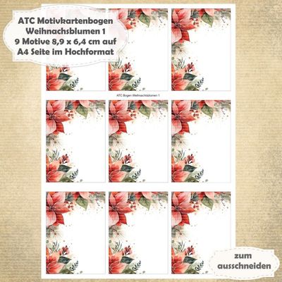 Weihnachtsblumen 1 - ATC Motivbogen - A4 Hochformat - 1 Seite mit 9 Motiven* Weihnachtsblumen 1 - ATC Motivbogen - A4 Hochformat - 1 Seite mit 9 Motiven*