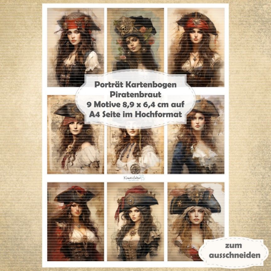 Piratenbraut - Porträt Kartenbogen - A4 Hochformat - 1 Seite mit 9 Motiven