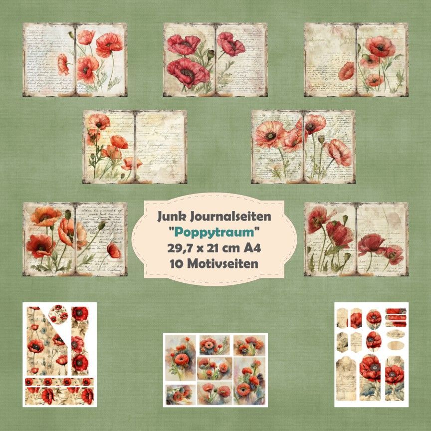 Poppytraum - Junk Journal Seiten - A4 - 10 Seiten