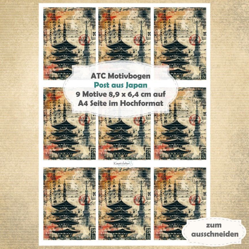 Poste aus Japan  - ATC Motivbogen - A4 Hochformat - 1 Seite mit 9 Motiven