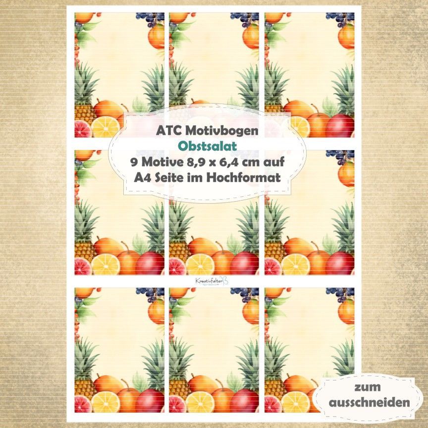 Obstsalat  - ATC Motivbogen - A4 Hochformat - 1 Seite mit 9 Motiven*