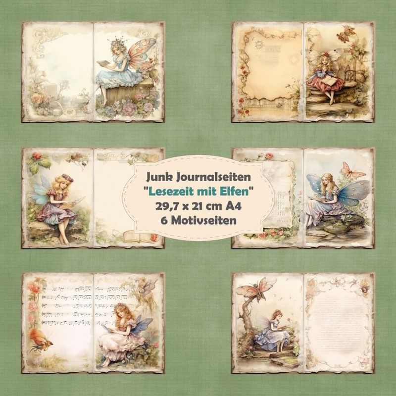 Lesezeit mit Elfen - Junk Journal Seiten - A4 quer - 6 Seiten