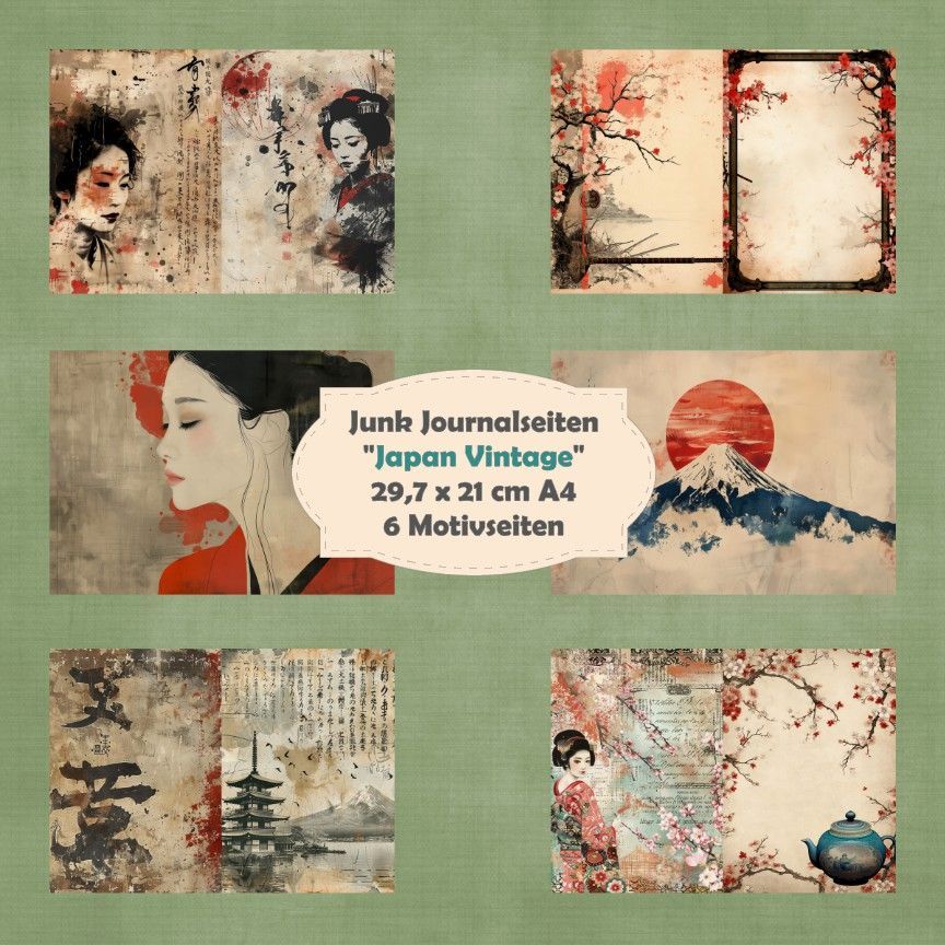 Japan Vintage - Junk Journal Seiten - A4 quer - 6 Seiten
