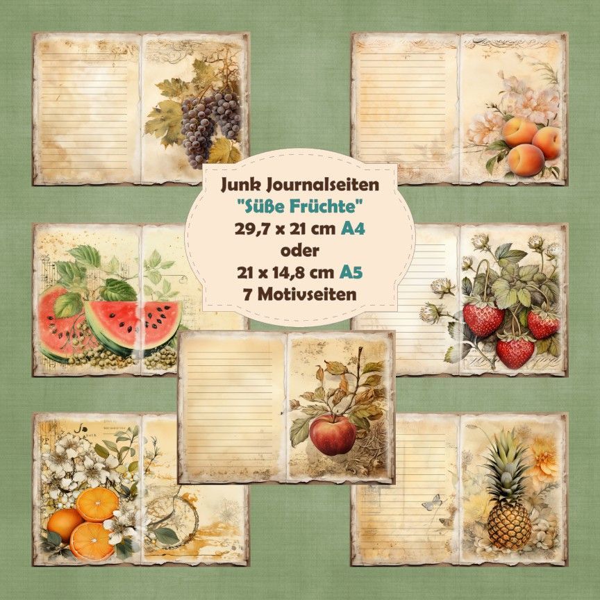 Süße Früchte - Junk Journal Seiten - A4 oder A5 quer - 7 Seiten*