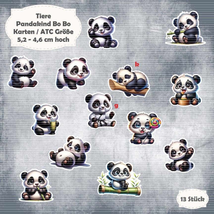 Pandakind Bo Bo - Karten / ATC Größe - 12 Stanzteile - Die Cut