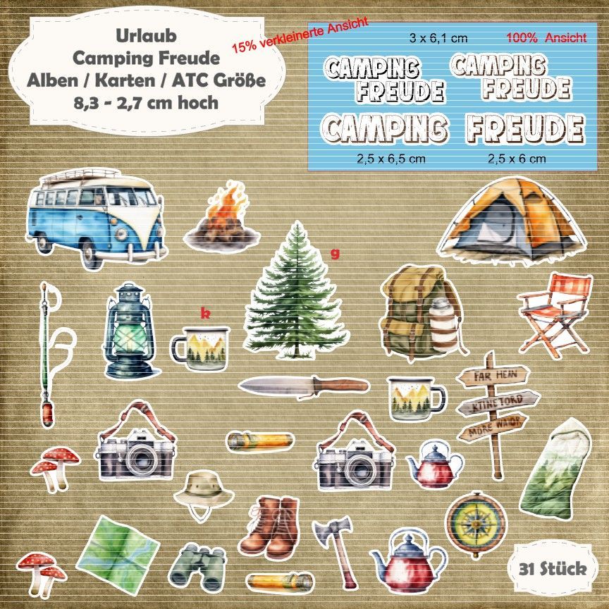 Camping Freude - Alben / Karten / ATC  Größe - 31 Stanzteile - Die Cut