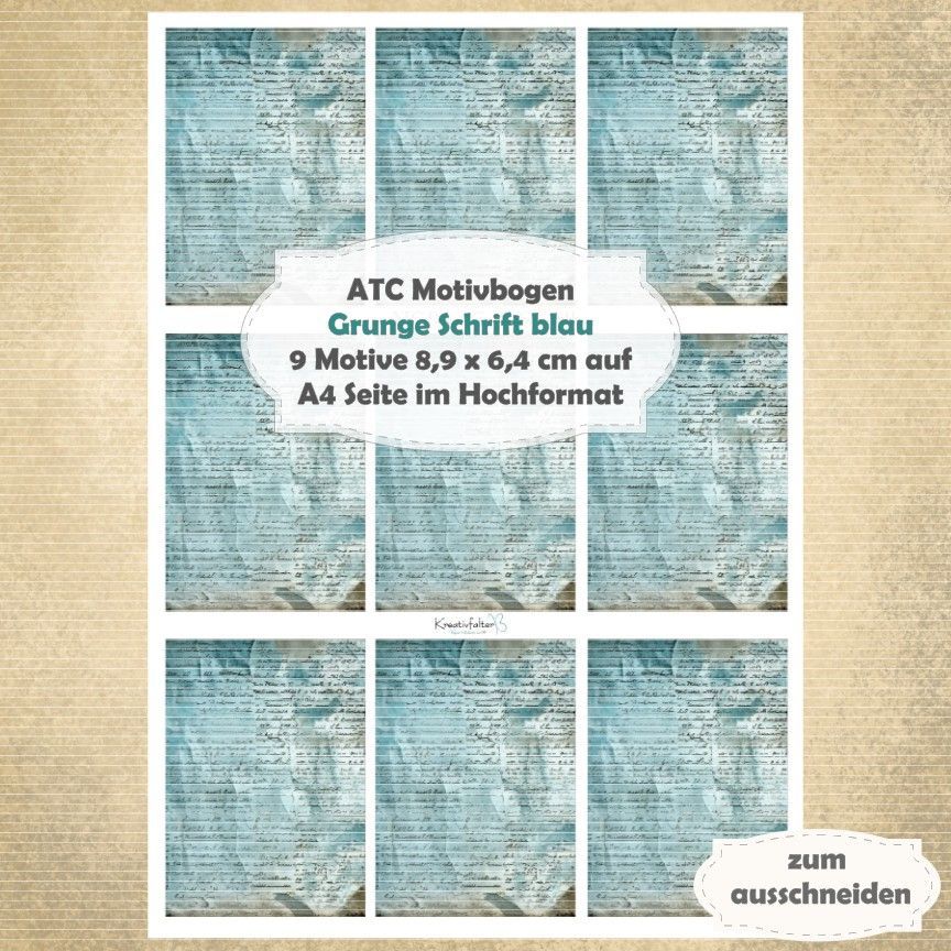 Grunge Schrift blau  - ATC Motivbogen - A4 Hochformat - 1 Seite mit 9 Motiven