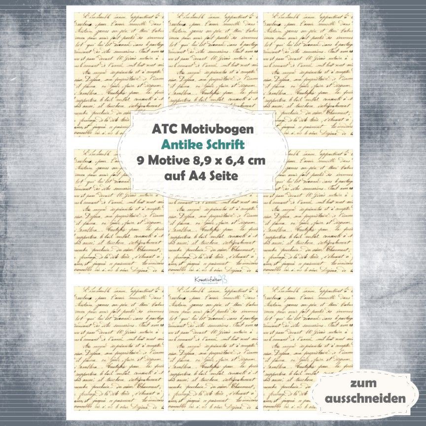 Antike Schrift  - ATC Motivbogen - A4 Hochformat - 1 Seite mit 9 Motiven