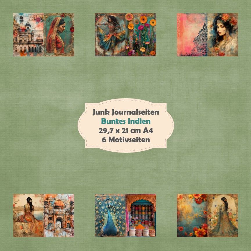 Buntes Indien - Junk Journal Seiten - A4 - 6 Seiten