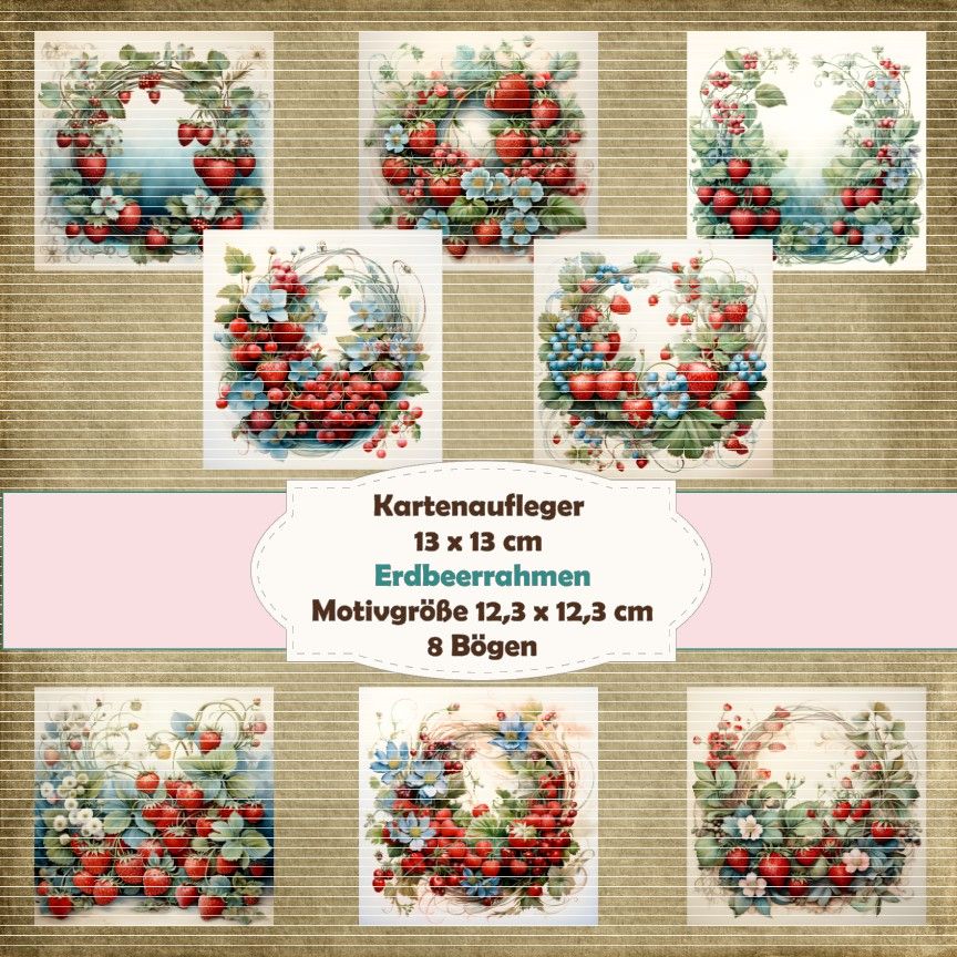 Erdbeerrahmen - Kartenaufleger - 13 x 13 cm /210g - 8 Bögen