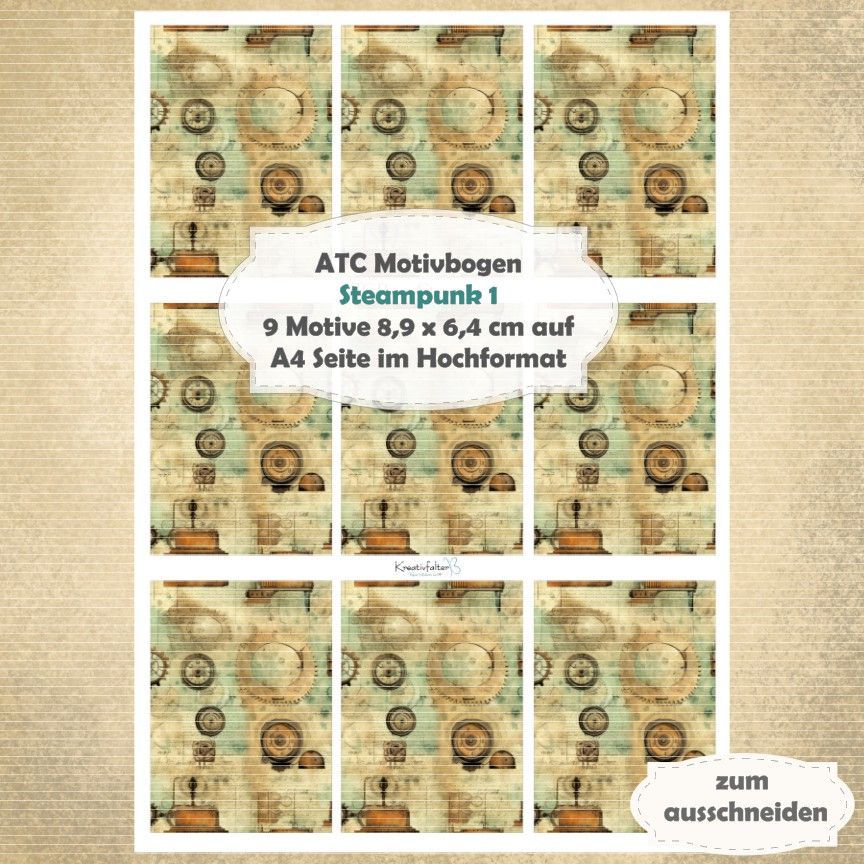 Steampunk 1 - ATC Motivbogen - A4 Hochformat - 1 Seite mit 9 Motiven