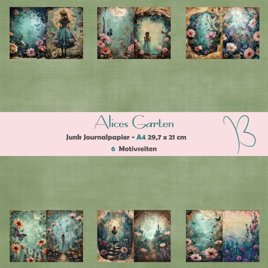 Alices Garten - Junk Journal Seiten - A4 - 6 Seiten