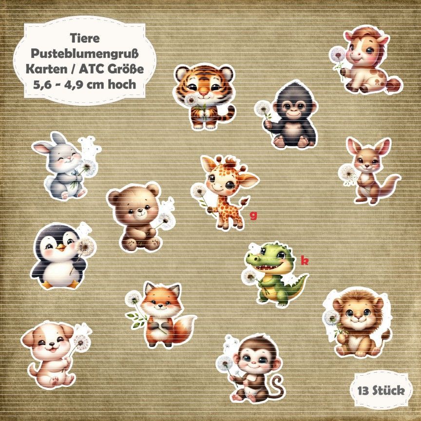 Pusteblumengruß - Tier-Mix - Karten / ATC Größe - 13 Stanzteile - Die Cut