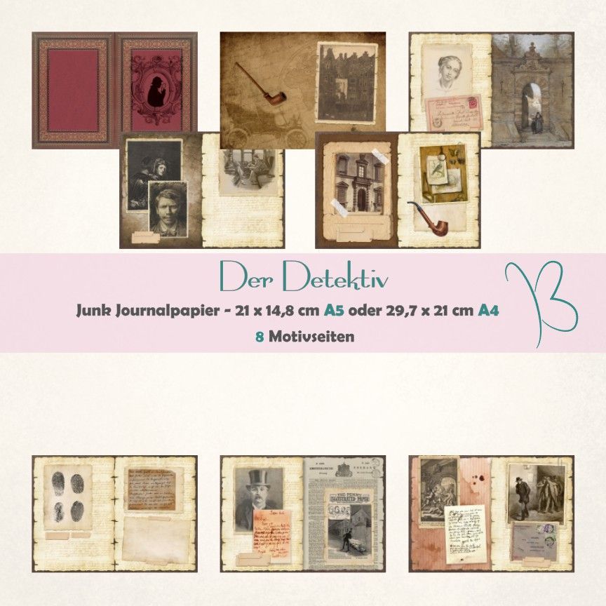 Der Detektiv - Junk Journal Seiten - A4 oder A5 quer - 8 Seiten*