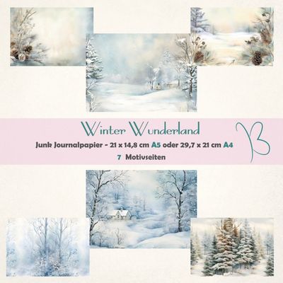 Winter Wunderland - Junk Journal Seiten - A4 oder A5 quer - 6 Seiten