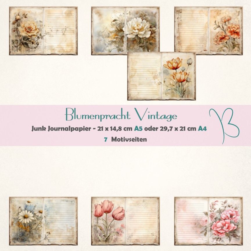 Blumenpracht Vintage - Junk Journal Seiten - A4 oder A5 - 7 Seiten