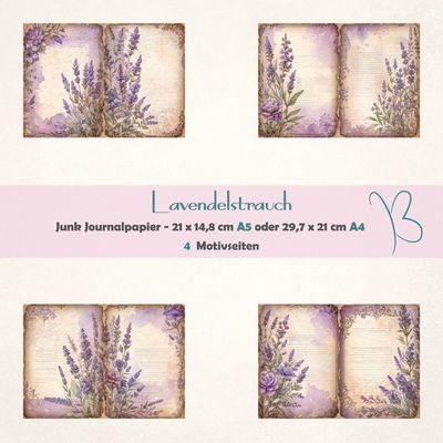 Lavendel Strauch - Junk Journal Seiten - A4 oder A5 quer - 4 Seiten