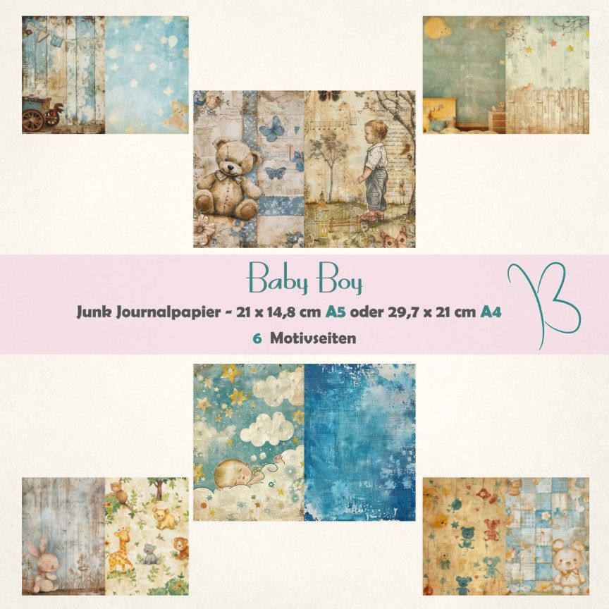 Baby Boy - Junk Journal Seiten - A4 oder A5 quer - 6 Seiten
