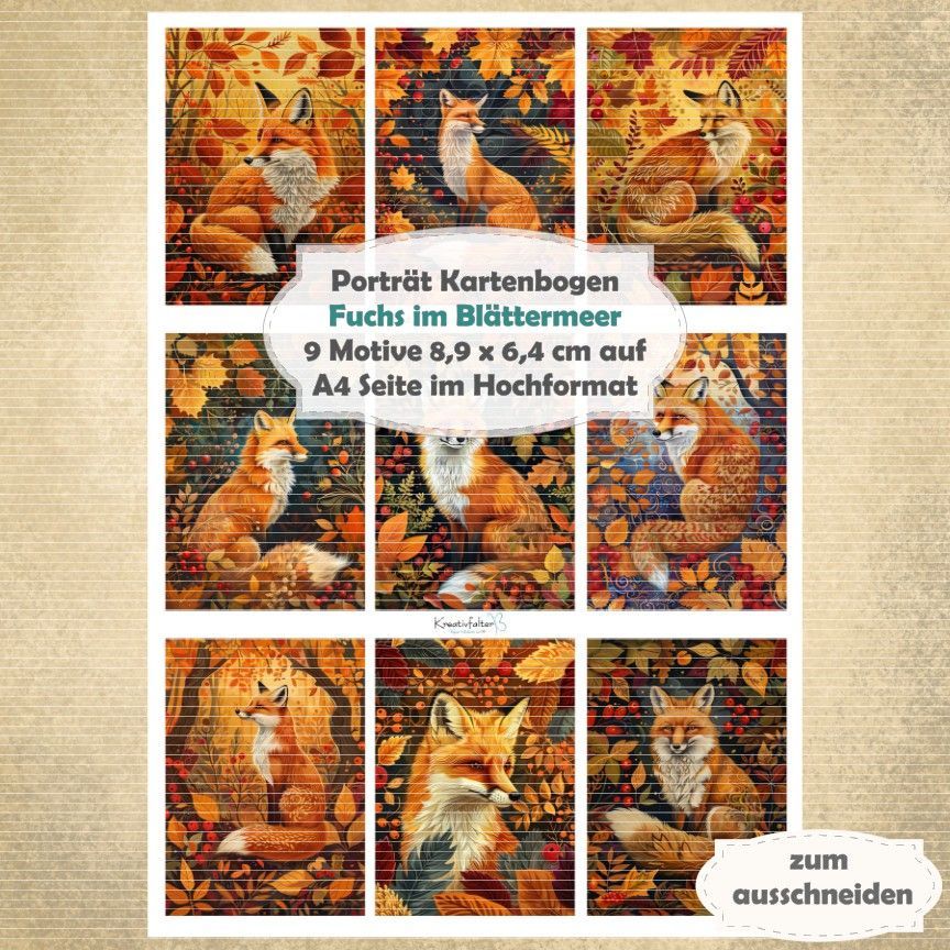 Fuchs im Blättermeer - Porträt Kartenbogen - A4 Hochformat - 1 Seite mit 9 Motiven