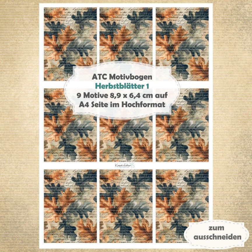 Herbstblätter 1  - ATC Motivbogen - A4 Hochformat - 1 Seite mit 9 Motiven*