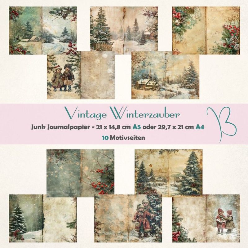 Vintage Winterzauber - Junk Journal Seiten - A4 oder A5 - 10 Seiten