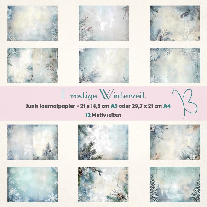 Frostige Winterzeit  - Junk Journal Seiten - A4 oder A5 quer - 12 Seiten