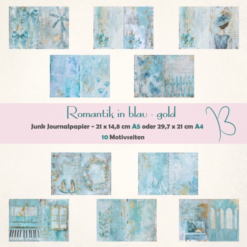 Romantik in blau - gold  - Junk Journal Seiten - A4 oder A5 quer - 10 Seiten