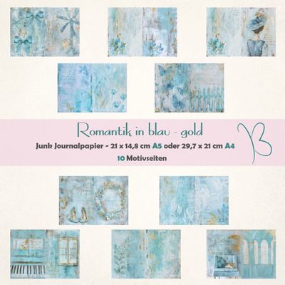 Romantik in blau - gold - Junk Journal Seiten - A4 oder A5 quer - 10 Seiten Romantik in blau - gold - Junk Journal Seiten - A4 oder A5 quer - 10 Seiten