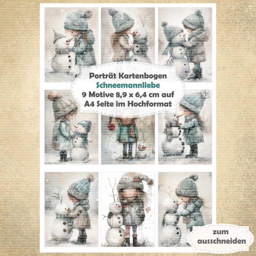 Schneemannliebe - Porträt Kartenbogen - A4 Hochformat - 1 Seite mit 9 Motiven